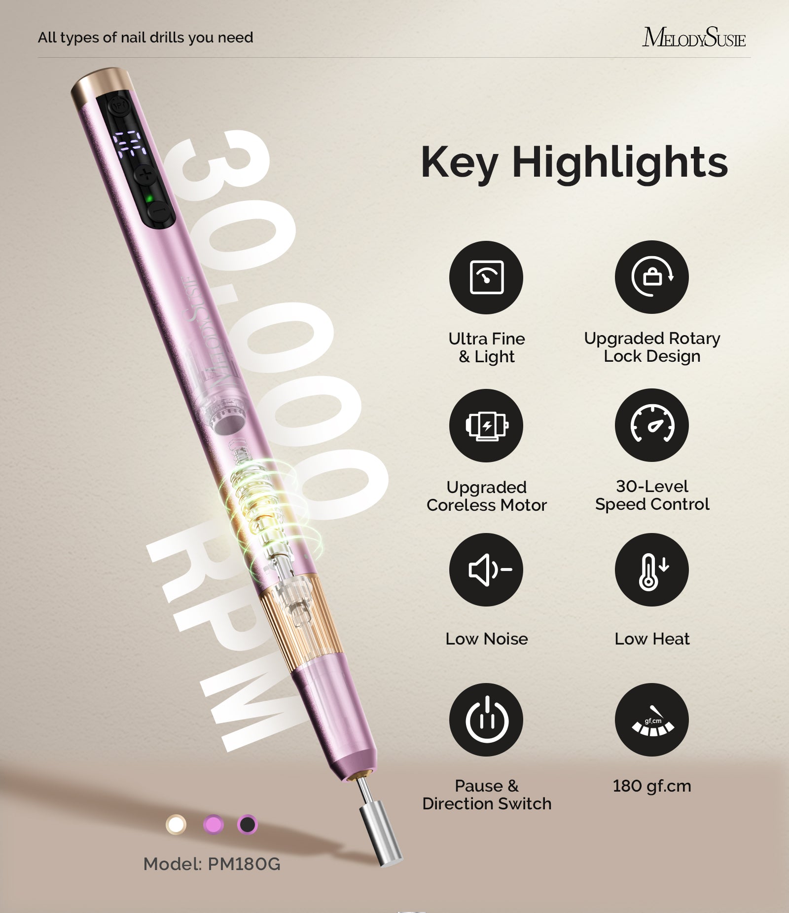 PM180G Rechargeable 30000RPM Nail Drill - Pink
