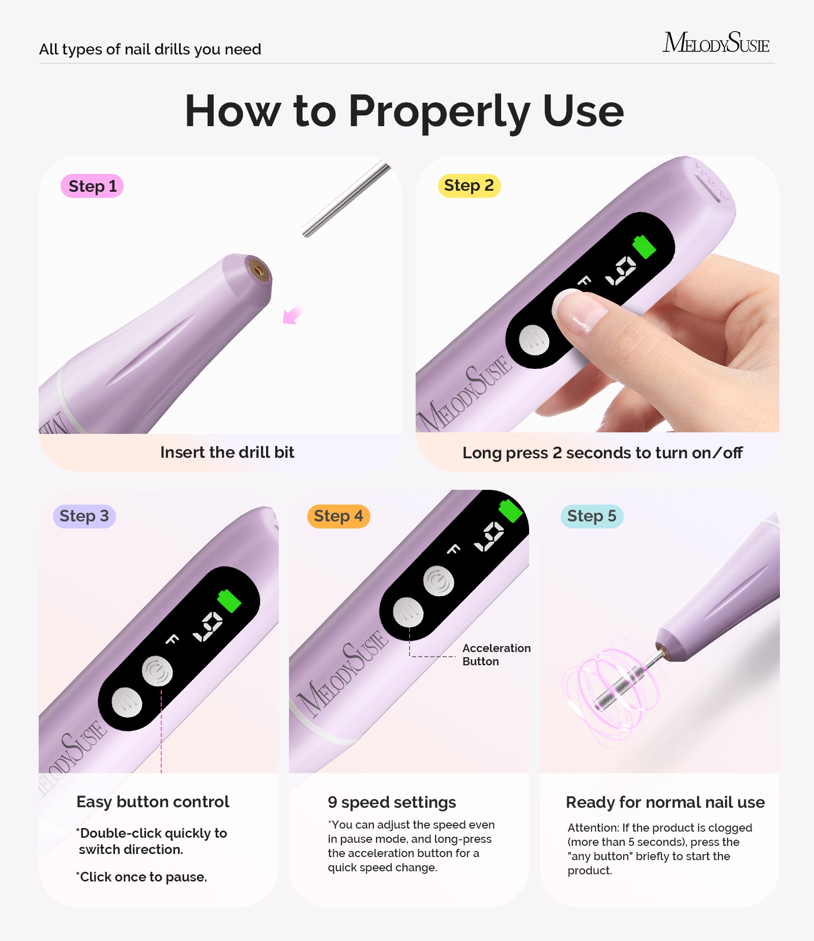 PC90G 20000RPM Portable Rechargeable Nail Drill - Purple
