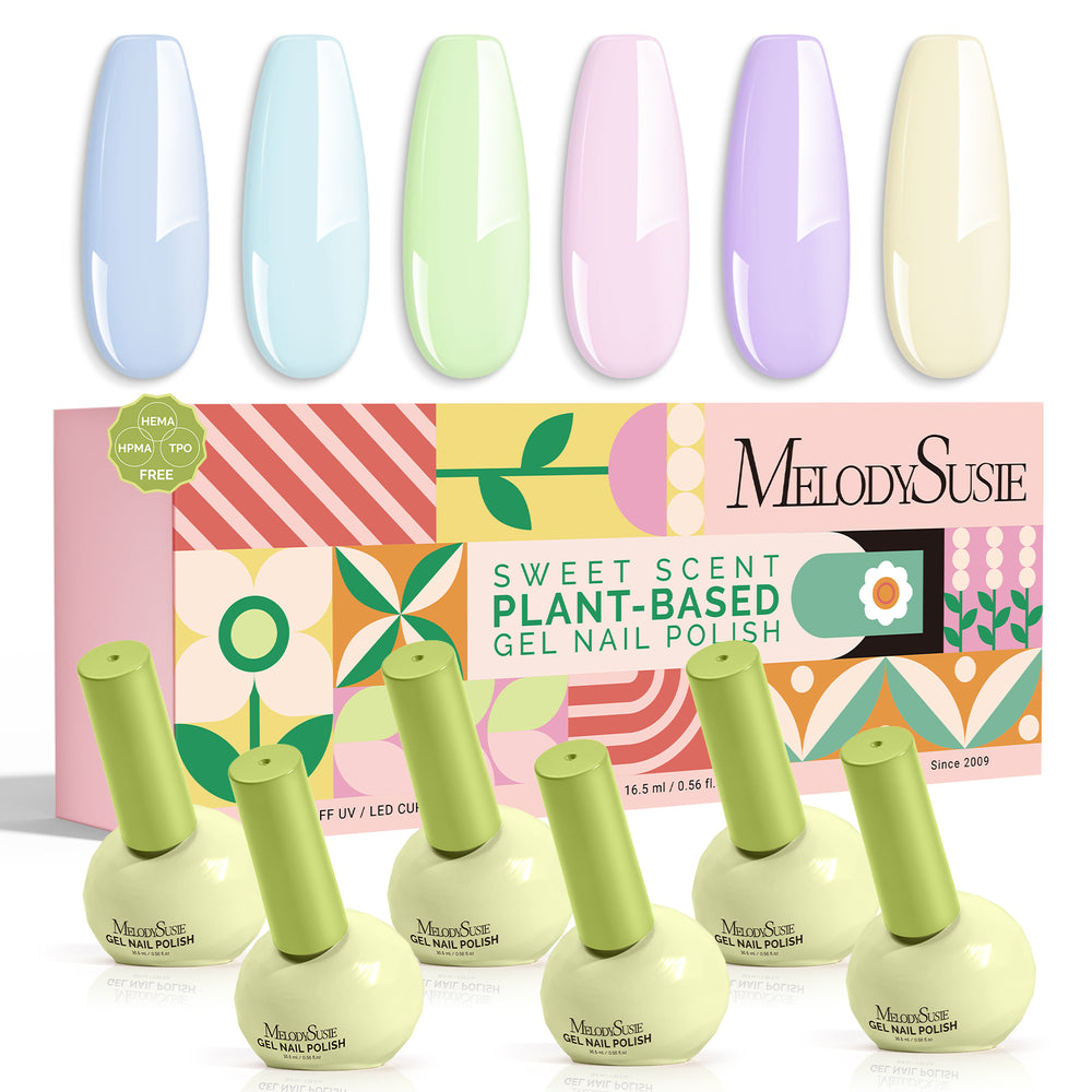 Fleurwee Fun Macarons gel polish set 6 pastel shades plant based HEMA free formula entry level nail colour gift for mum