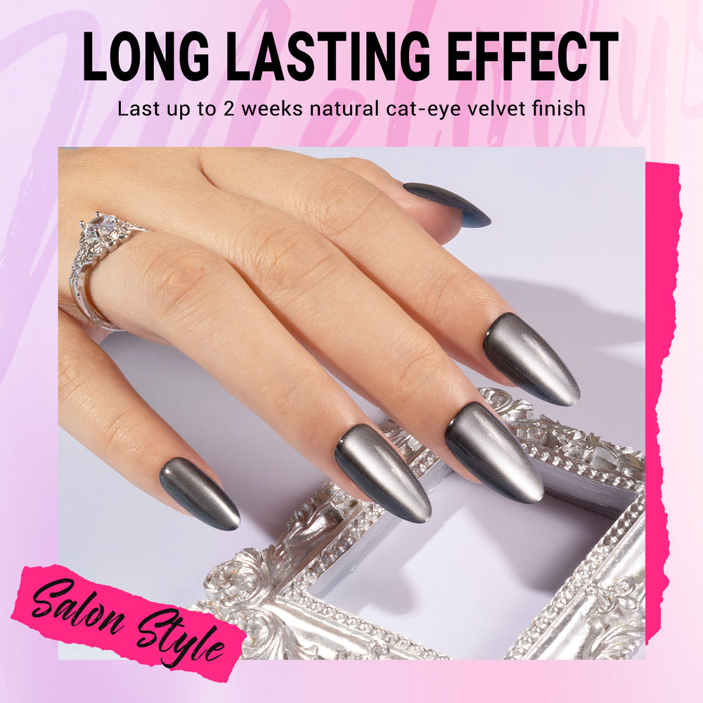 MelodySusie black cat eye press on almond nails showing deep black gel with magnetic shimmer shift finish on almond shape with 15 size full kit