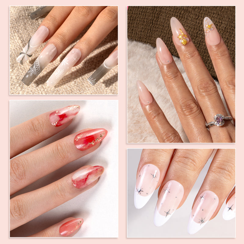 Jeweliver jelly gel nail polish set in six pink shades showing translucent glass finish buildable opacity from sheer to opaque on nail swatch