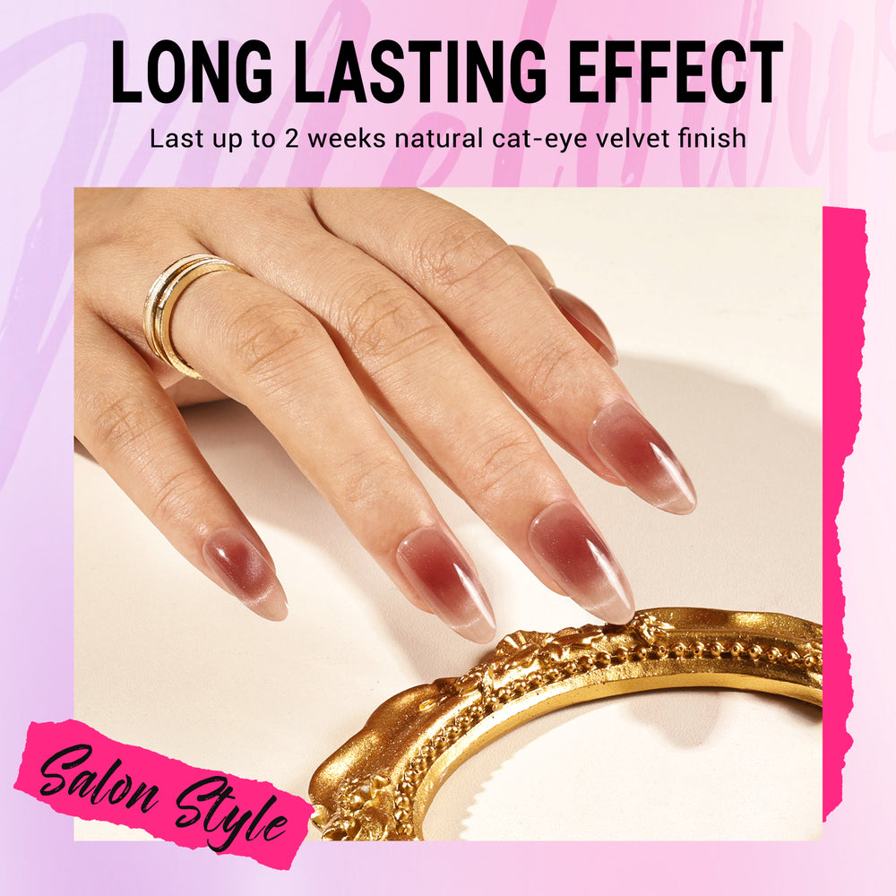 MelodySusie blush cat eye French tip press on almond nails combining soft pink base with white tip and light-shifting gel finish for occasions