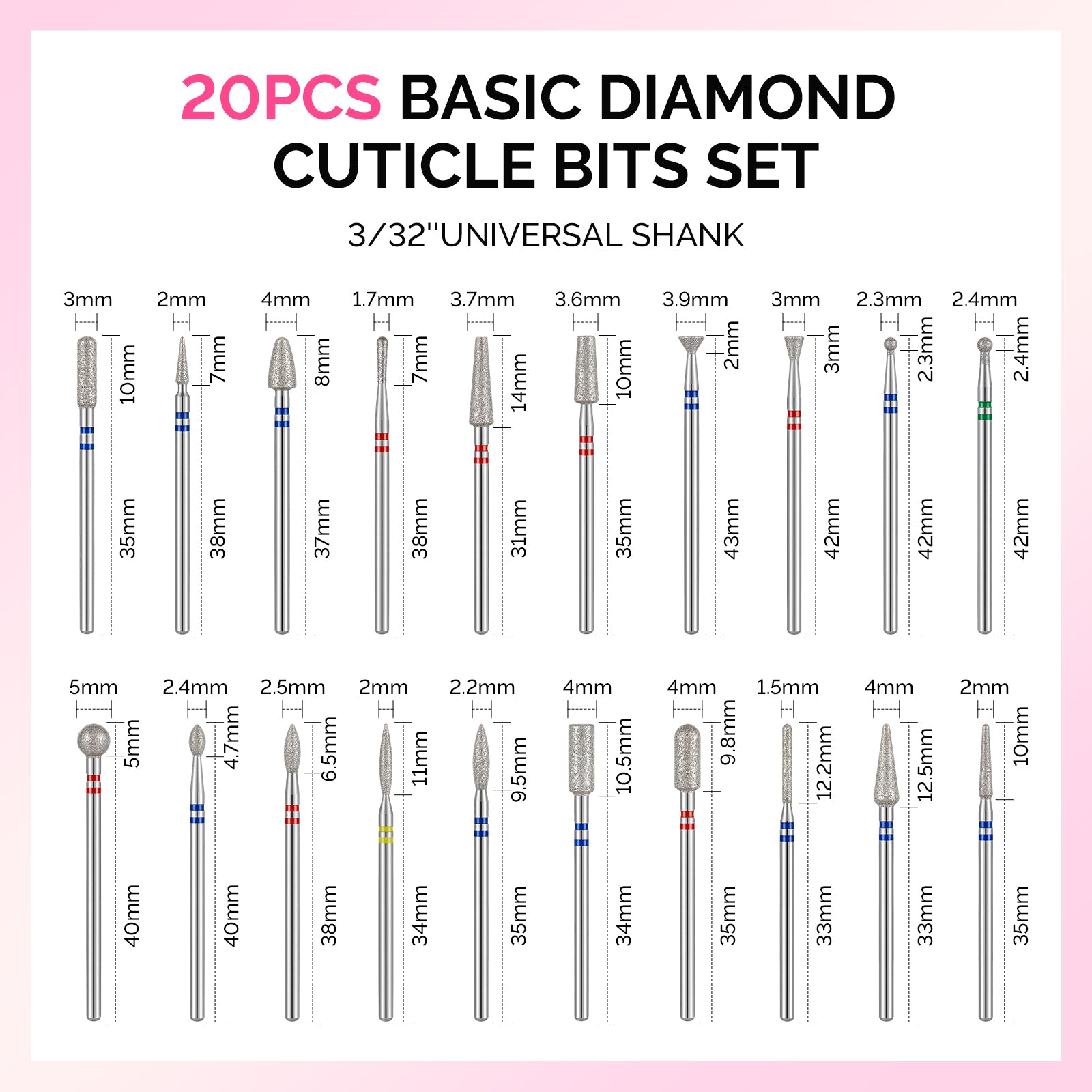 20Pcs Diamond Cuticle Nail Drill Bits Set