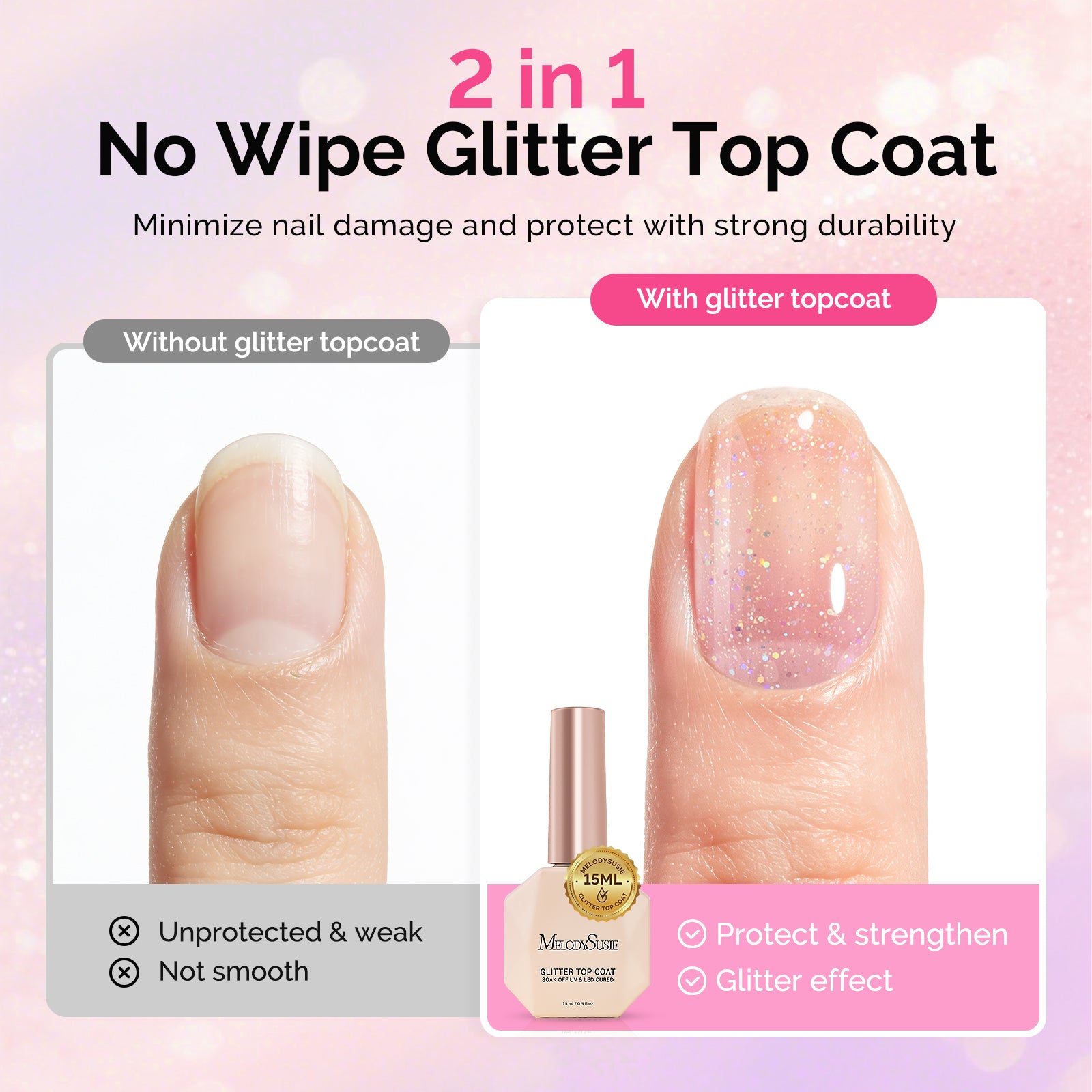 Glitter Gel Top Coat - No Wipe Reflective Iridescent Glitter Top Coat 15ml 0.5fl oz