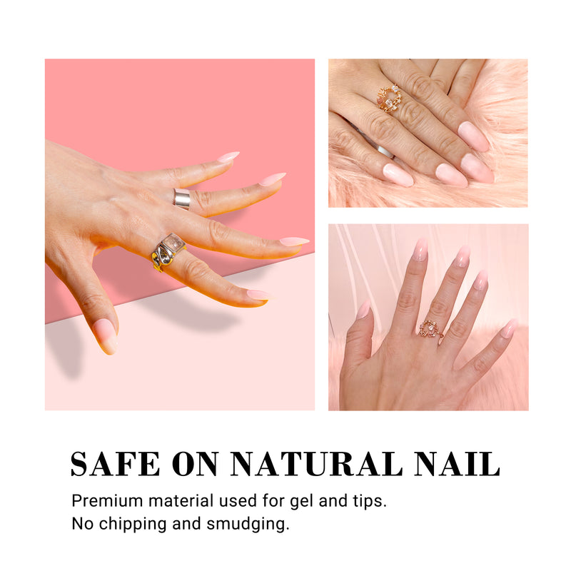 MelodySusie short press on almond nails in Fantasy Pink showing sheer pink ABS resin finish with glitter accents for everyday wear