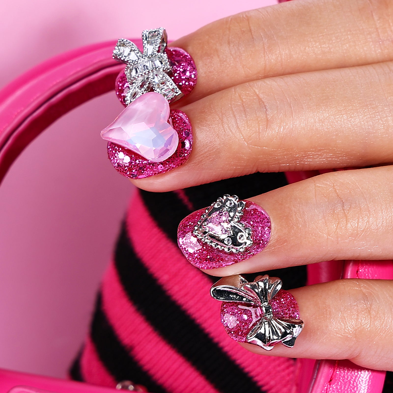 Hot Pink Glitter Square Petite Press On Nails | MelodySusie