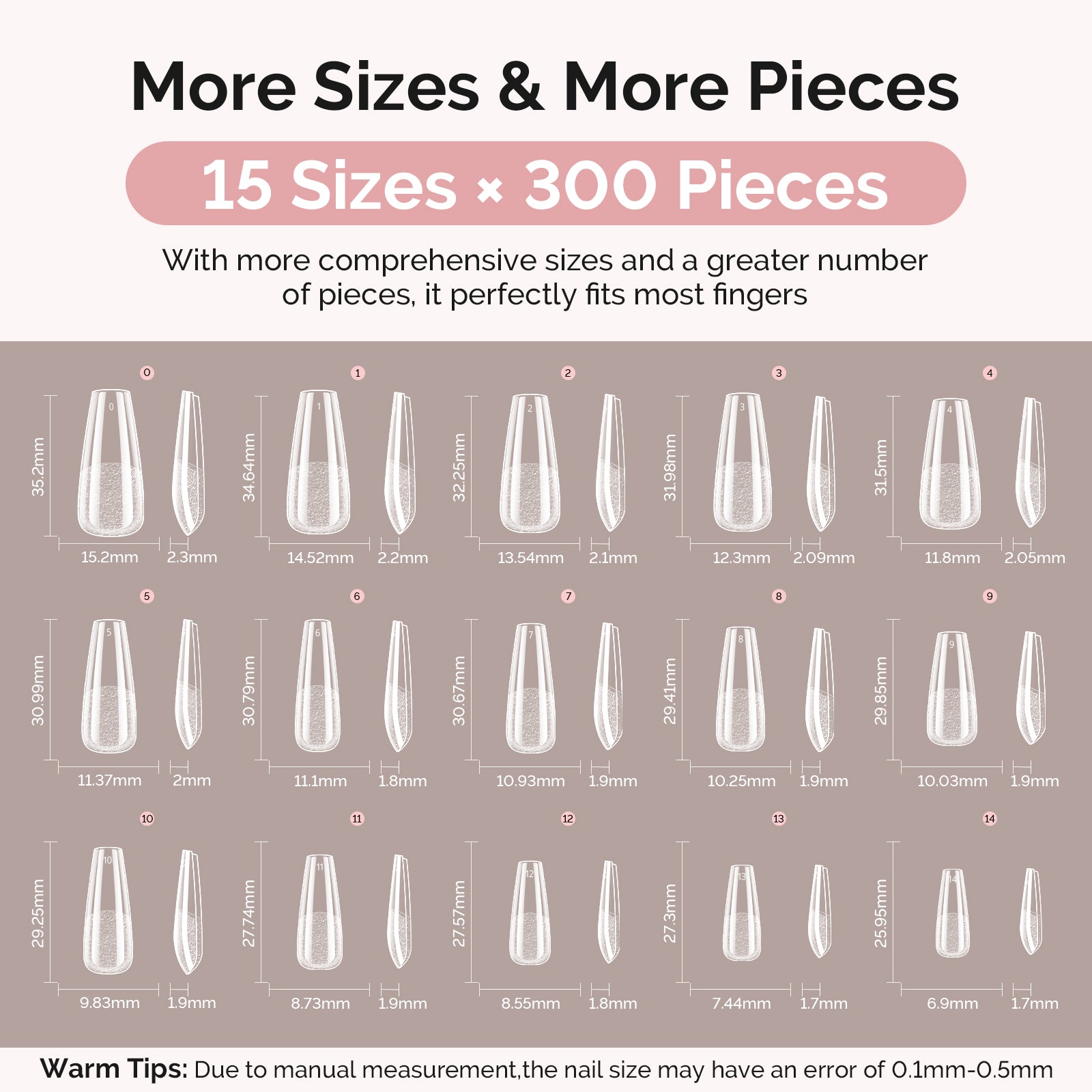 300Pcs Half Matte Clear Acrylic Full Cover Pre-Built Nail Tips & 20g Solid Nail Glue Gel