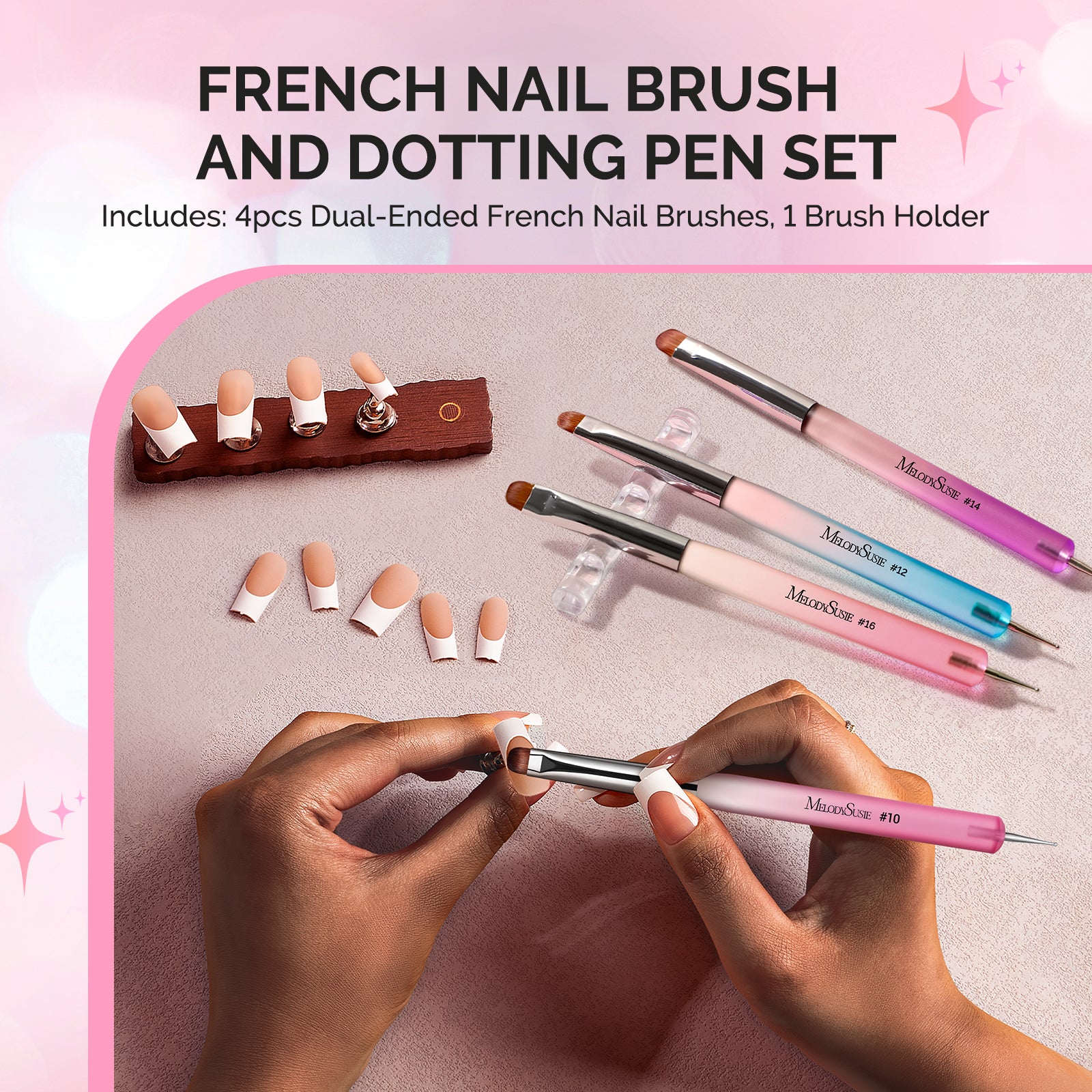 Dual-Ended French Nail Brush and Dotting Pen Set with Brush Holder - Size #10#12#14#16