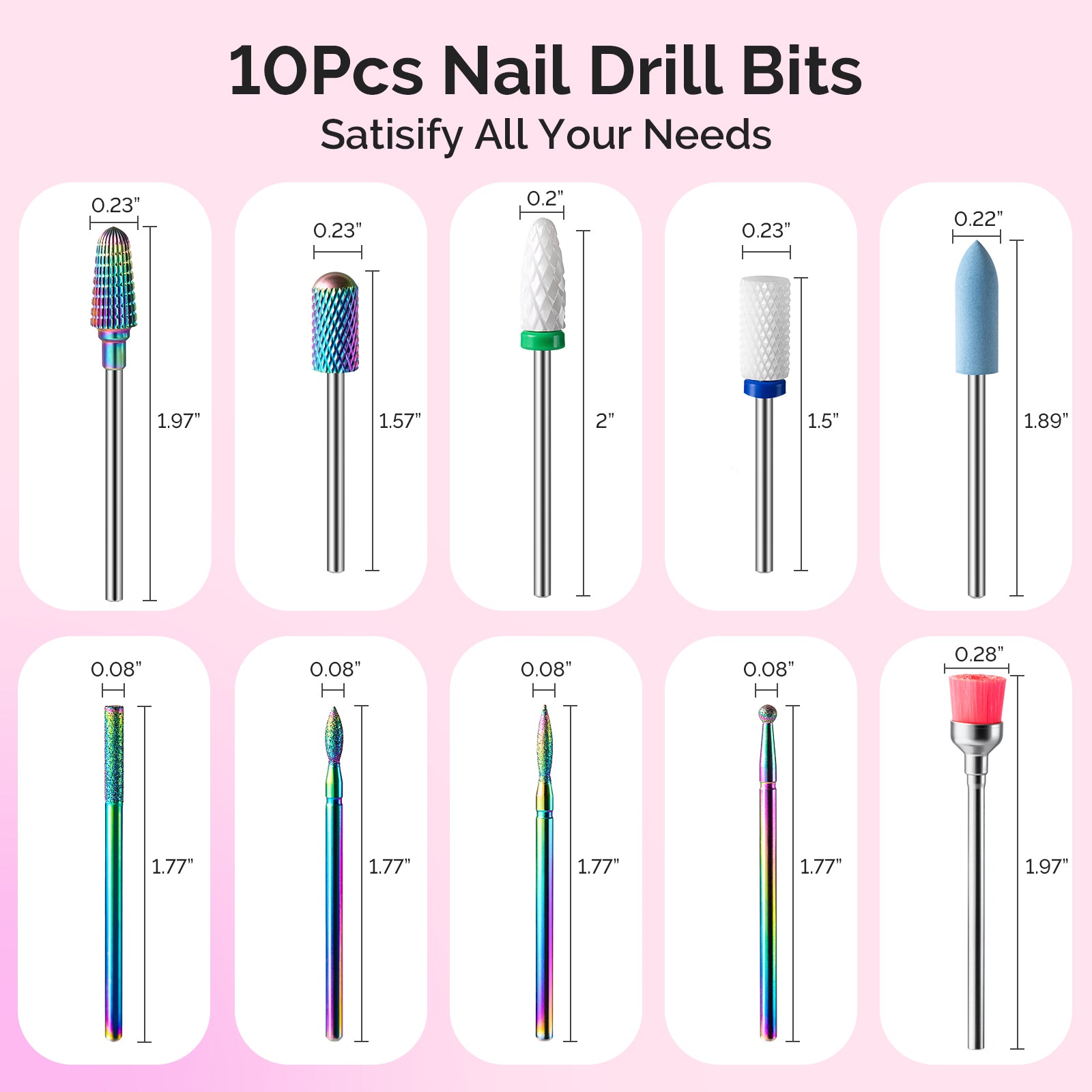 Tungsten Carbide & Ceramic 10Pcs Nail Drill Bits Set - White & Colorful