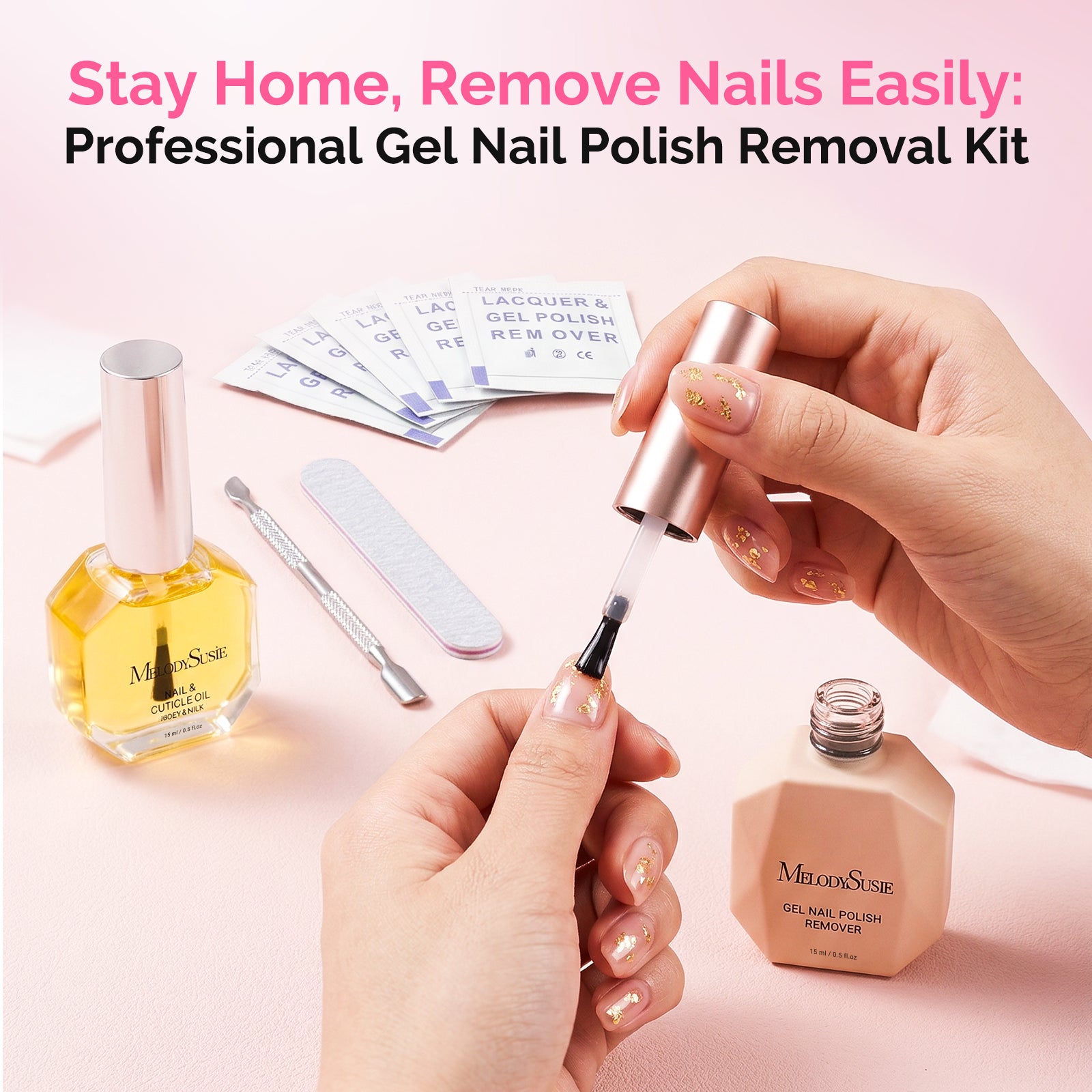 2Pcs Gel Nail Polish Remover with Cuticle Oil & Cuticle Pusher Tool