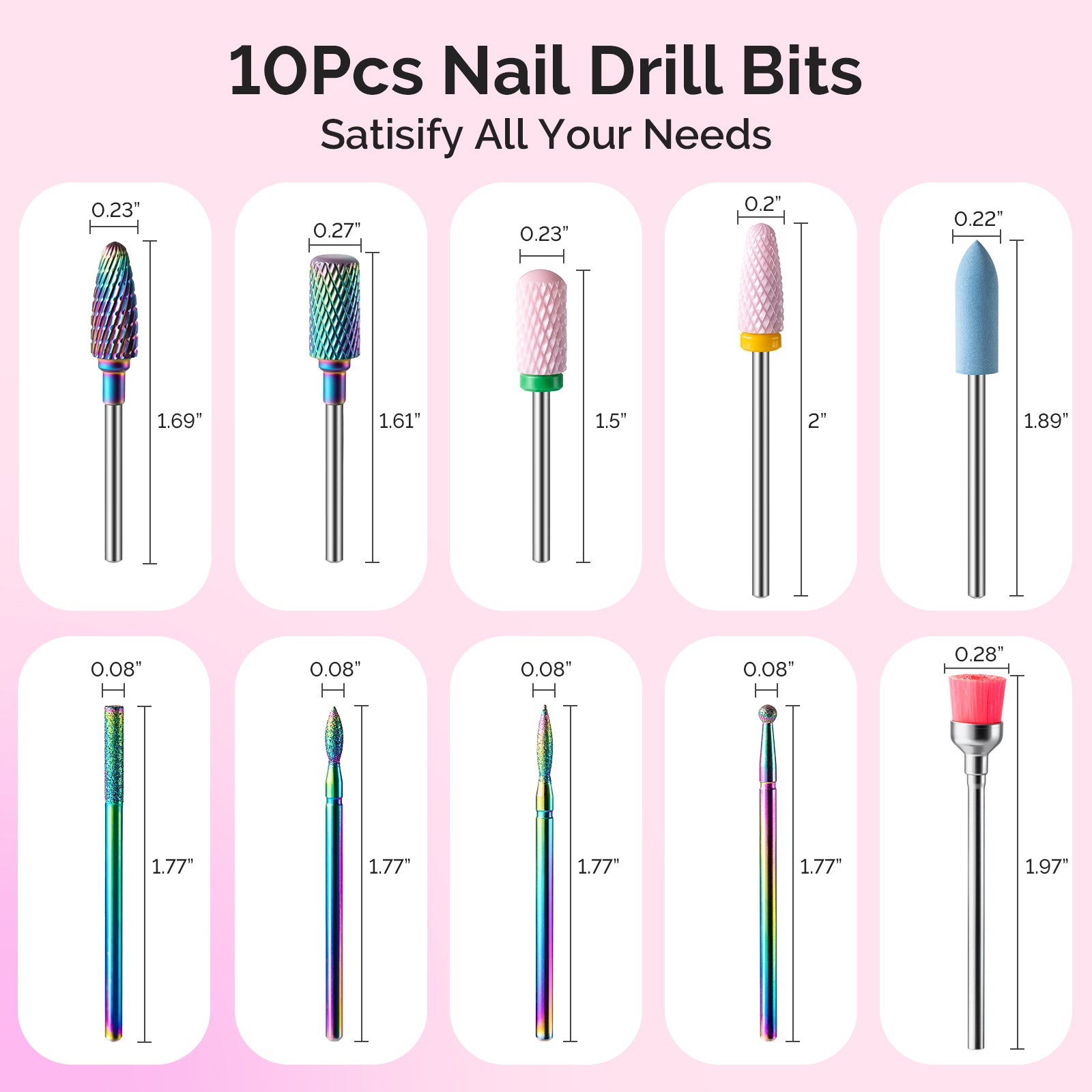 Tungsten Carbide & Ceramic 10Pcs Nail Drill Bits Set - Pink & Colorful