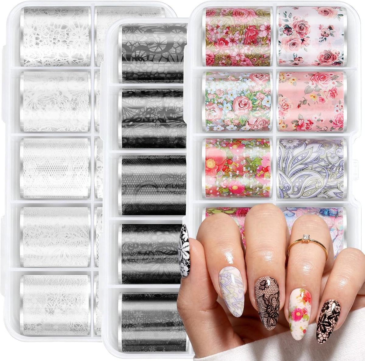 Nail Foil Glue Gel with 20 Rolls Lace Flower Stickers Set