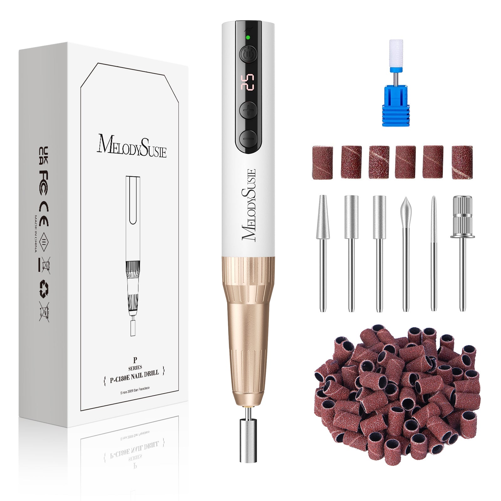 PC180E Pen-Shaped Rechargeable Nail Drill 25,000RPM - White Gold