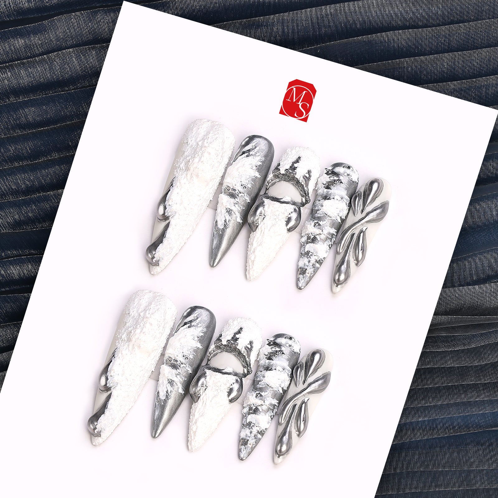 Silver Swirls Stiletto Long Press On Nails | MelodySusie