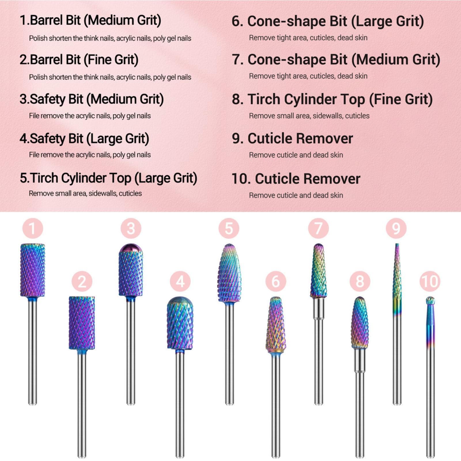 New Colorful Tungsten Carbide Nail Drill Bits Set (10pcs)
