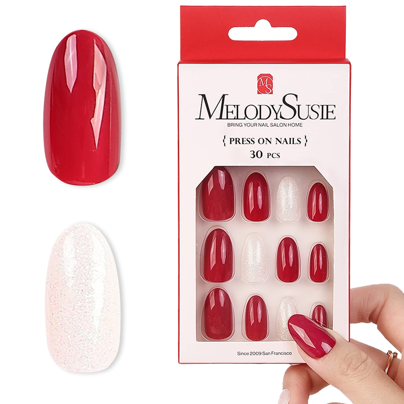 Acrylic Press On Nails - Short Almond Shape Elegant Red