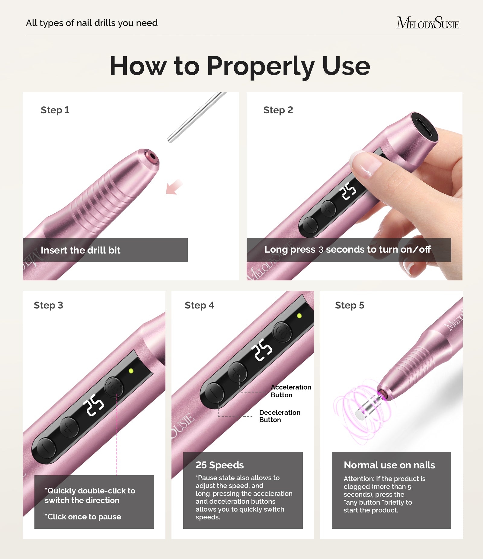 PM180G Rechargeable 30000RPM Nail Drill - Pink