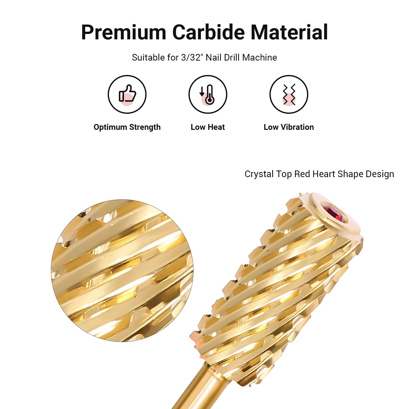 Crystal Top Red Heart Shape Large Barrel Carbide Nail Drill Bit (Gold)