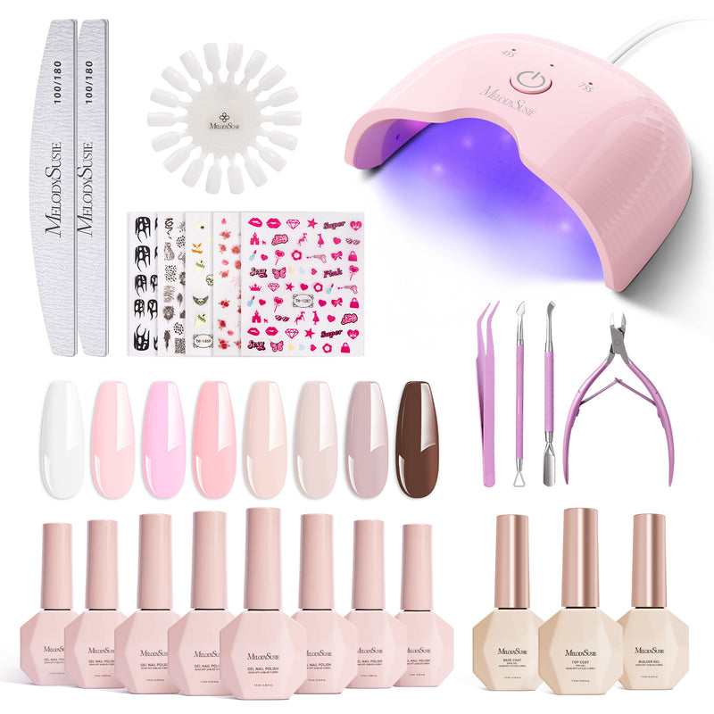 MelodySusie gel nail polish kit P-ART06F complete beginner set with UV LED mini lamp eight colours base coat top coat builder gel and nail tools