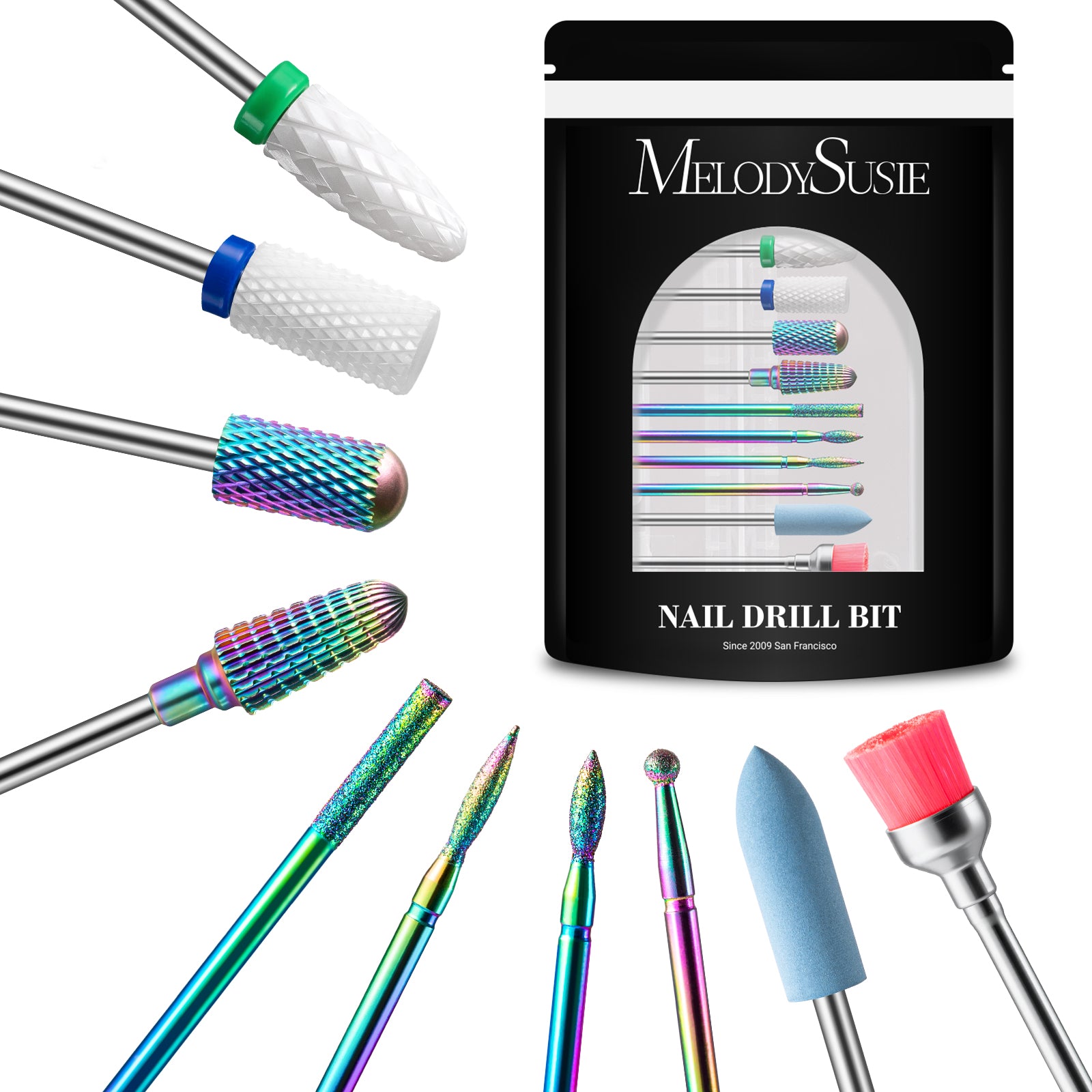 Tungsten Carbide & Ceramic 10Pcs Nail Drill Bits Set - White & Colorful
