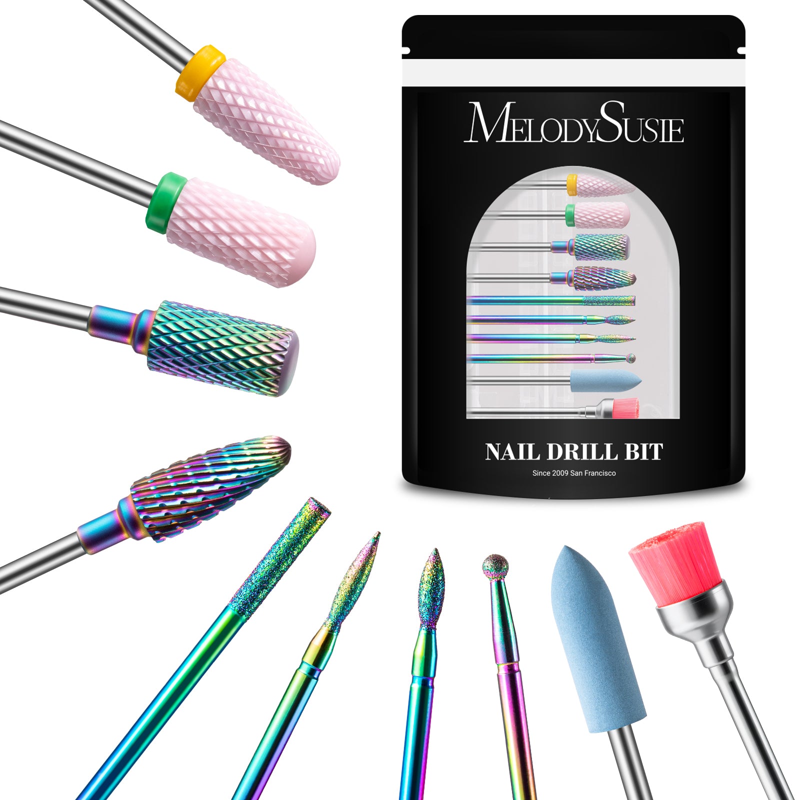 Tungsten Carbide & Ceramic 10Pcs Nail Drill Bits Set - Pink & Colorful