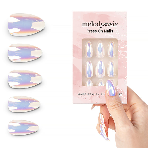 Dazzling Shell iridescent pearl shimmer press on nails universally flattering glazed aura nail finish for white blush silver dress