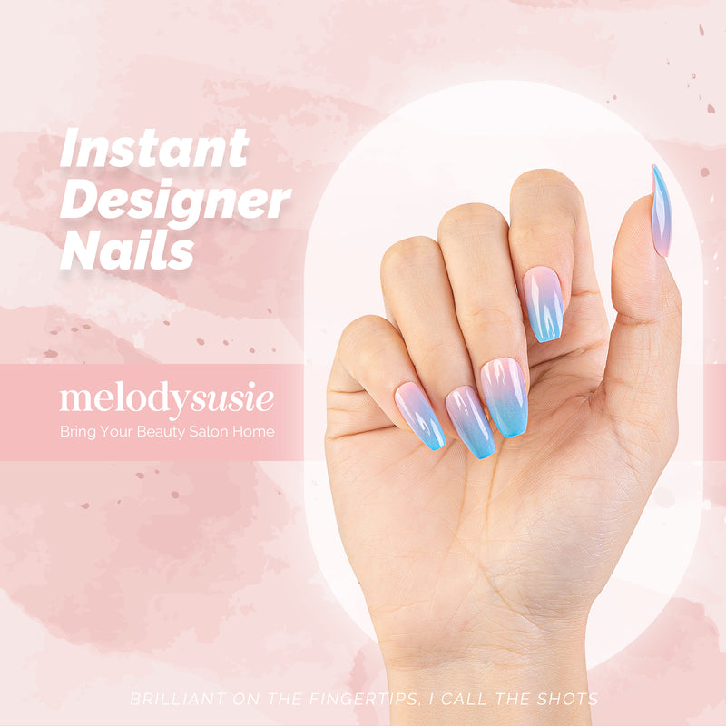 MelodySusie acrylic press-on nails kit showing 24 nail sizes with jelly glue tabs for instant no-lamp summer manicure application