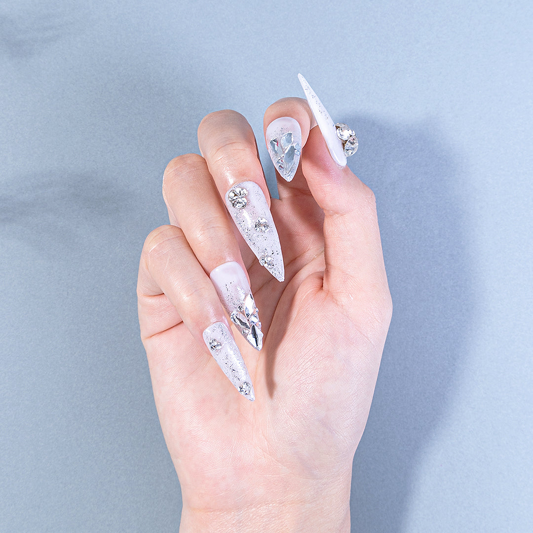 6-Gird Mixed Size Pointed Bottom White Glass Nail Rhinestones